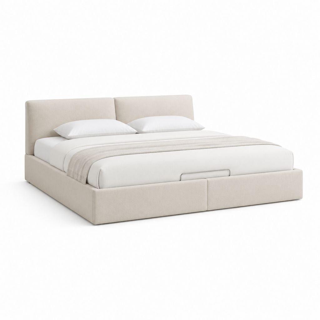 Lit coffre double beige en polyester 160 x 200 cm avec tête de lit rembourrée