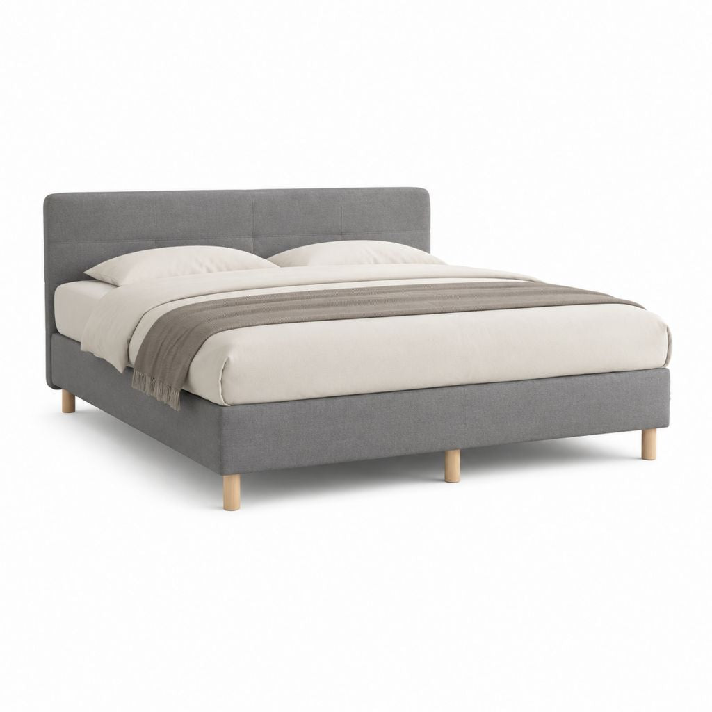 Lit double 160 x 200 cm gris en polyester avec cadre rembourré et pieds en bois massif
