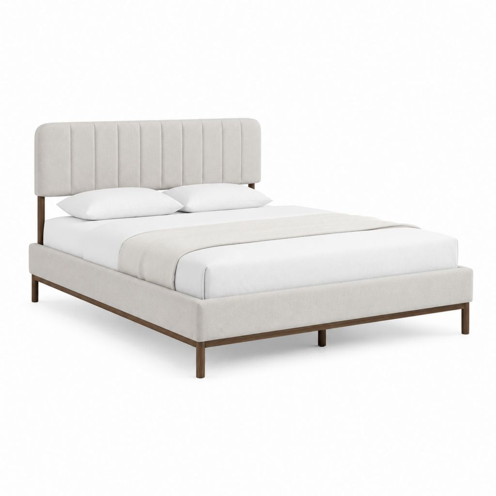Lit double avec cadre capitonné beige en polyester et bois massif 160 x 200 cm