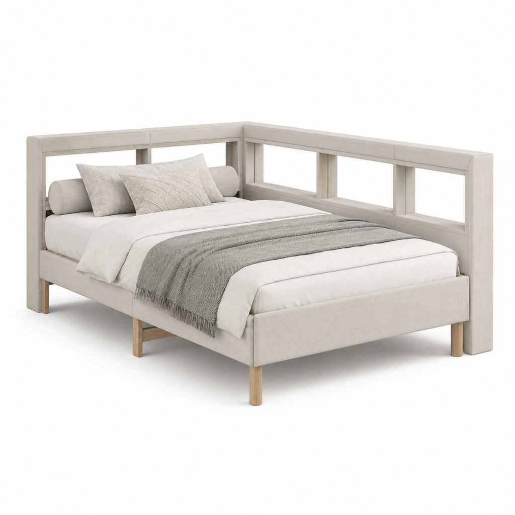 Lit double 160 x 200 cm beige en pin massif avec revêtement polyester