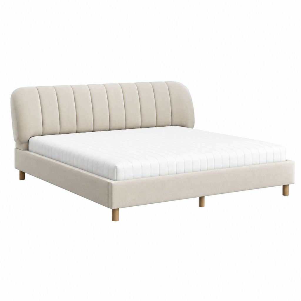 Lit double rectangulaire beige en velours de polyester 160 x 200 cm