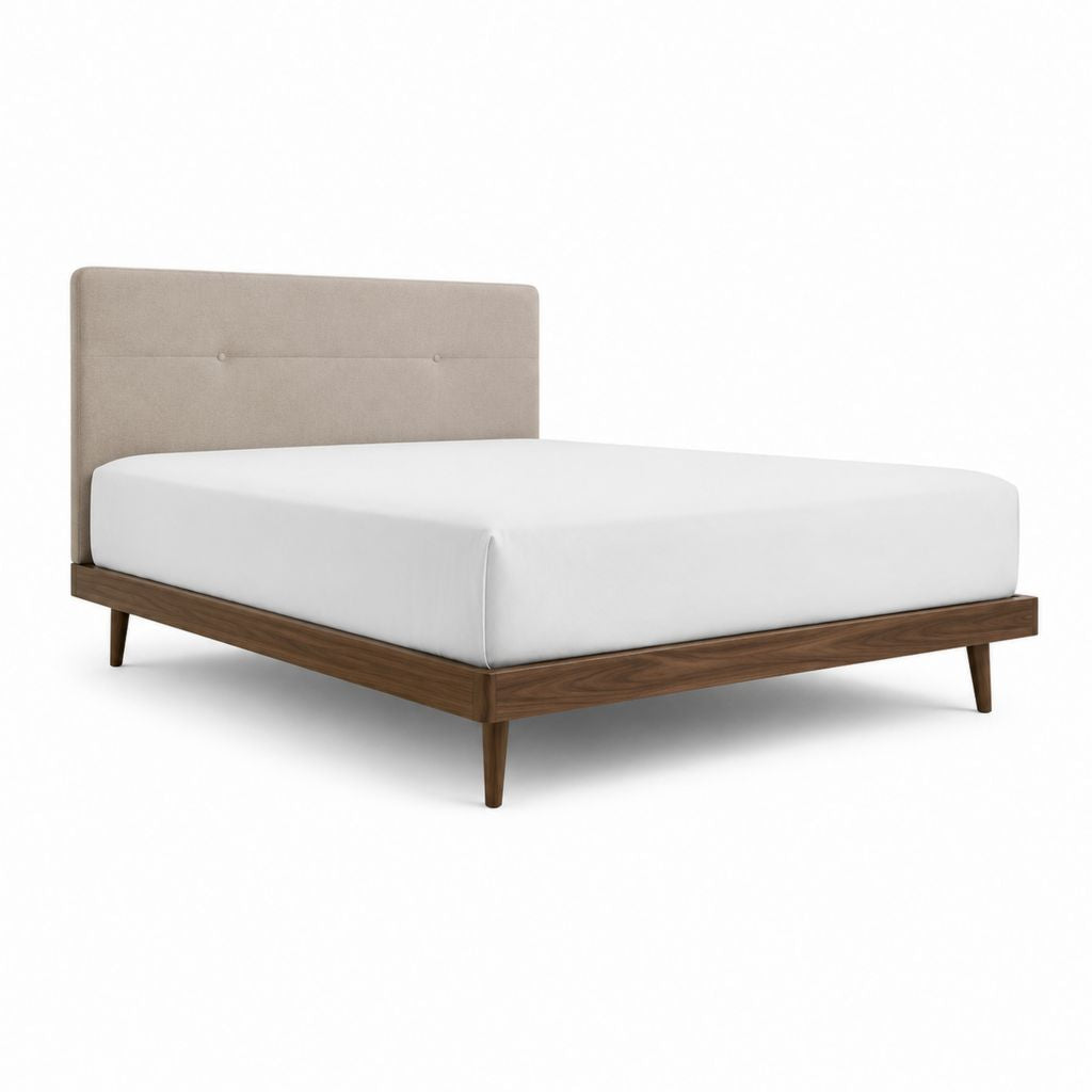 Cadre de lit double 160 x 200 cm noyer avec tête de lit beige en polyester