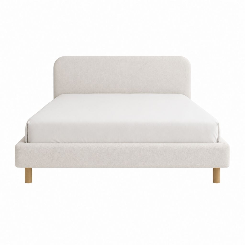 Cadre de lit 160 x 200 cm beige en polyester avec tête de lit arrondie et pieds en bois massif