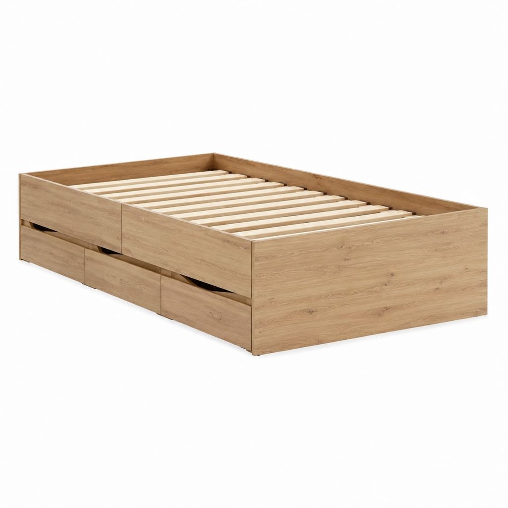 Lit simple avec rangement chêne clair en panneaux de particules 90 x 200 cm