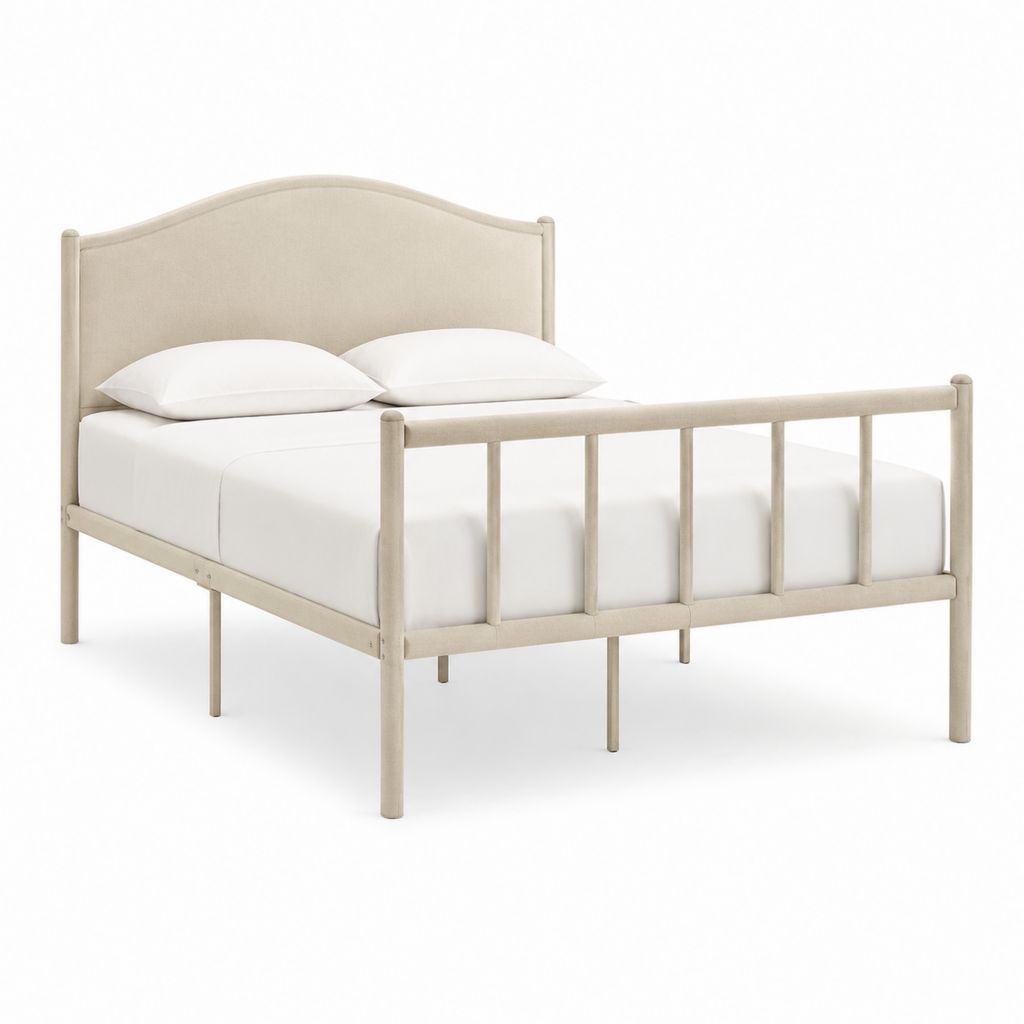 Lit double 160 x 200 cm beige en bois massif et polyester avec tête de lit capitonnée