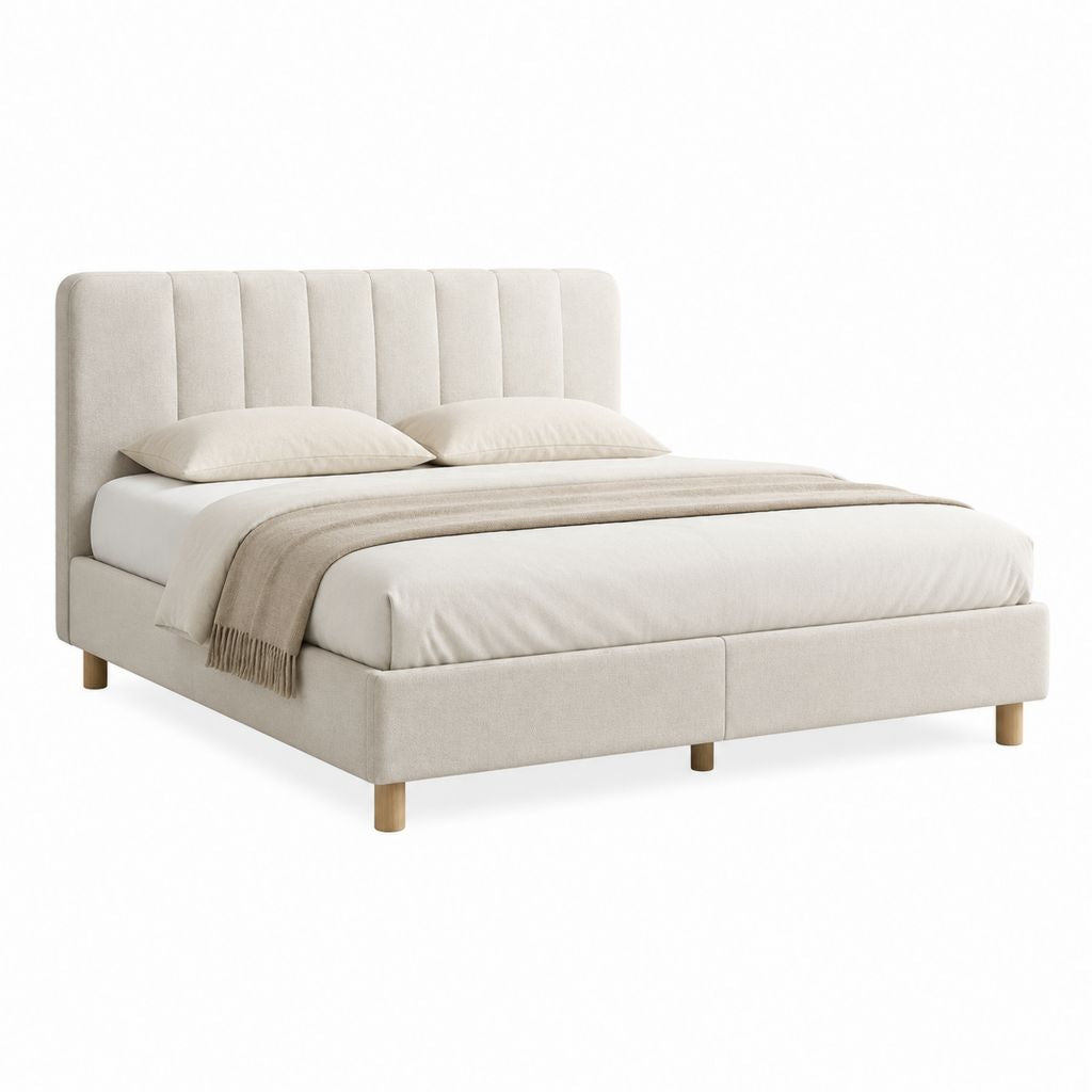 Lit double 160 x 200 cm beige en polyester avec tête de lit capitonnée
