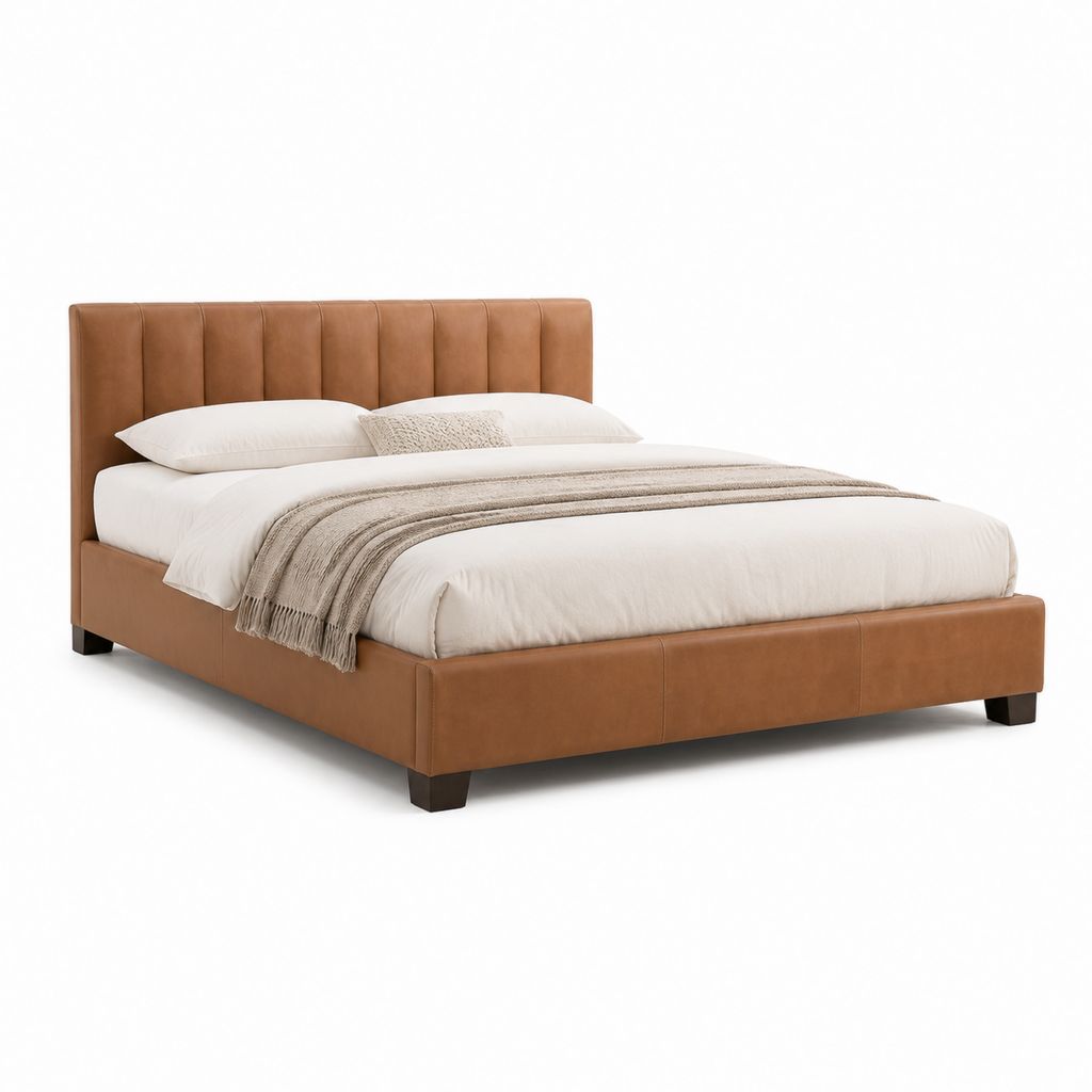 Cadre de lit double marron en similicuir PU 160 x 200 cm avec tête de lit capitonnée