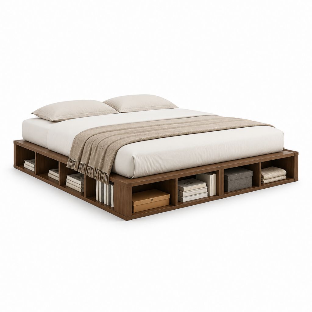 Cadre de lit double avec rangement intégré brun noyer en MDF 160 x 200 cm