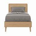 Lit double 140 x 190 cm en bois massif naturel avec tête de lit en rotin tressé