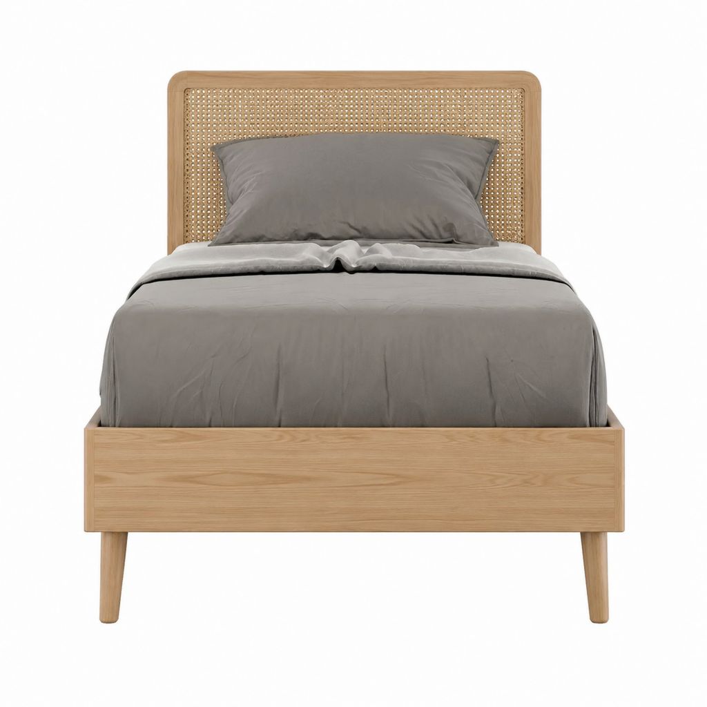 Lit double 140 x 190 cm en bois massif naturel avec tête de lit en rotin tressé