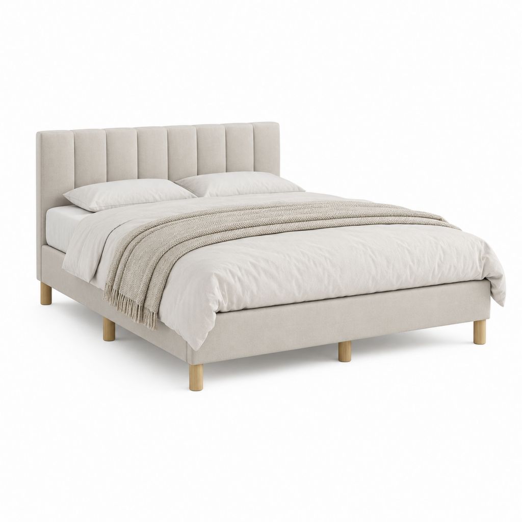 Lit double 160 x 200 cm beige en polyester avec cadre rectangulaire et pieds en bois massif