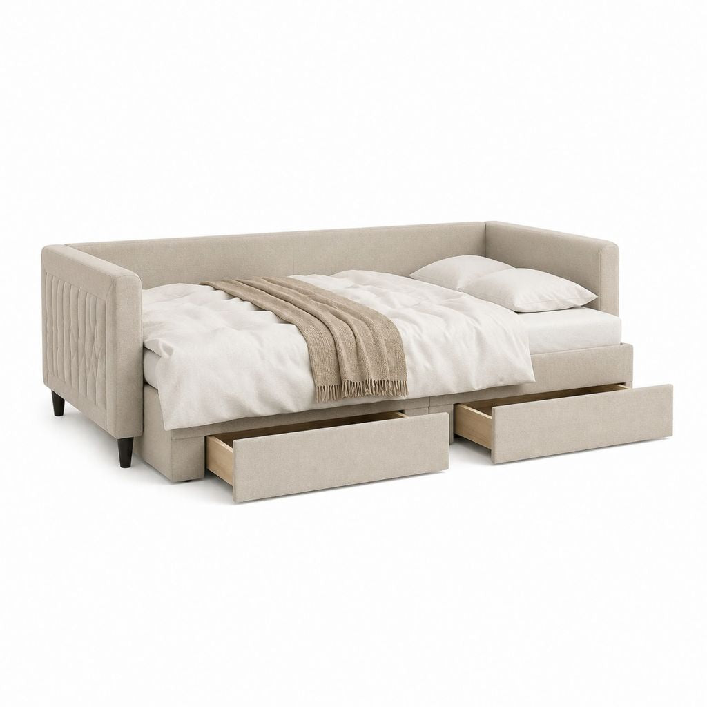 Lit double avec cadre rembourré beige en polyester 140 x 190 cm avec 2 tiroirs