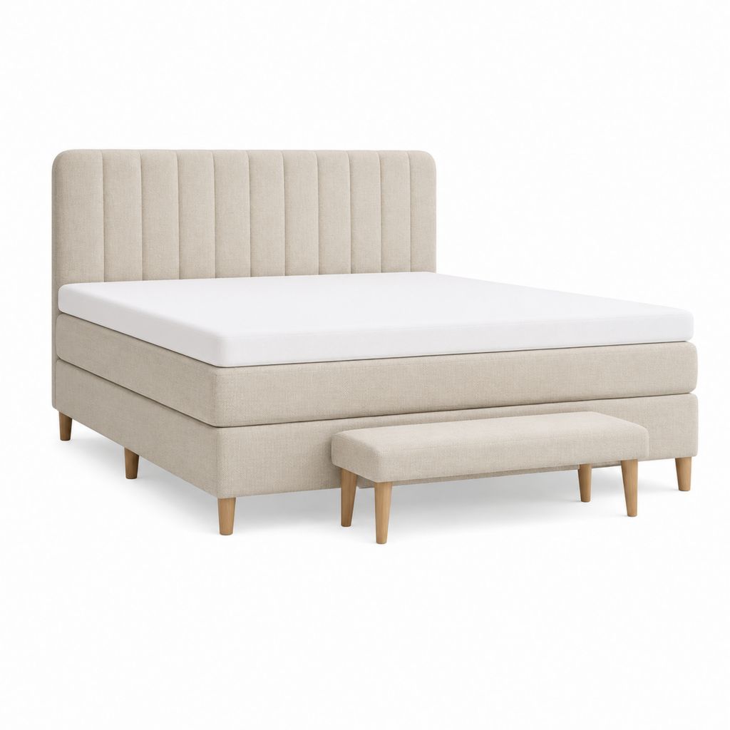 Lit double avec matelas et banc beige en polyester rectangulaire 160 x 200 cm