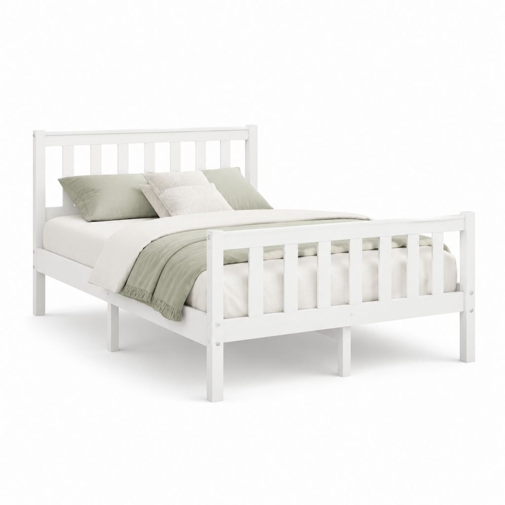 Cadre de lit double blanc en pin massif 140 x 190 cm avec tête et pied de lit à barreaux