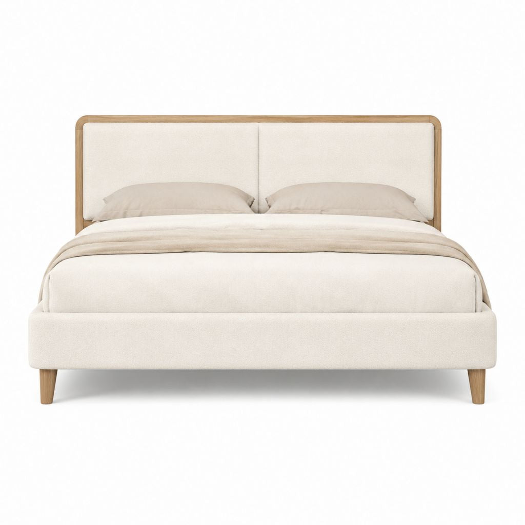 Lit double 160 x 200 cm beige en polyester avec cadre en bois massif