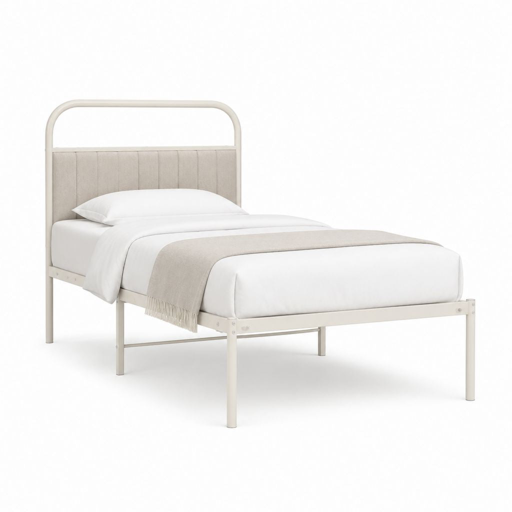 Lit simple 90 x 190 cm blanc en acier avec tête de lit capitonnée beige