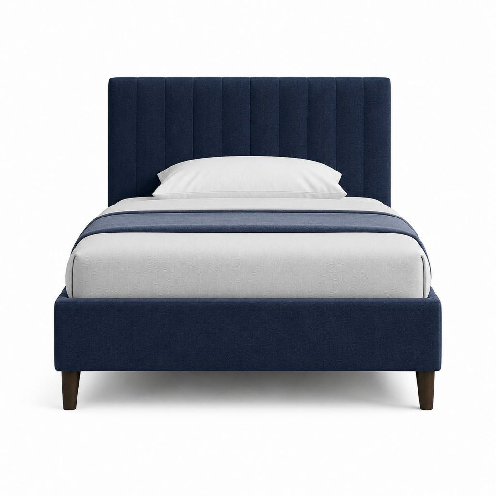 Lit double 160 x 200 cm bleu nuit en polyester avec tête de lit capitonnée