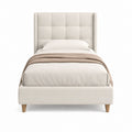 Lit simple rectangulaire avec cadre et tête de lit capitonnée beige en polyester 90 x 190 cm