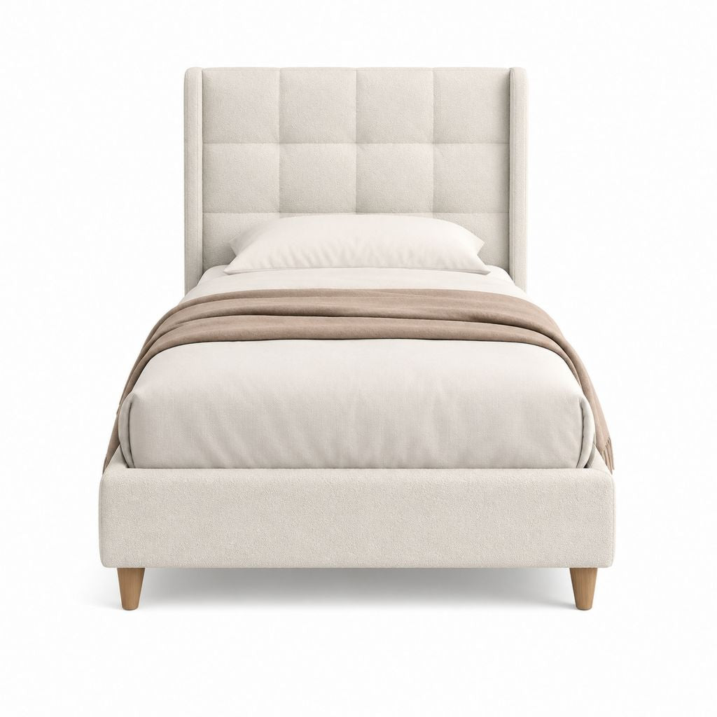 Lit simple rectangulaire avec cadre et tête de lit capitonnée beige en polyester 90 x 190 cm