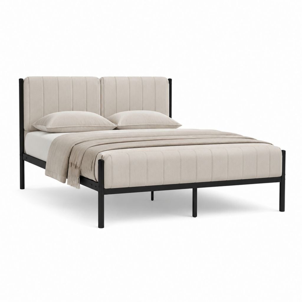 Lit double avec cadre de lit beige en polyester et acier noir 160 x 200 cm