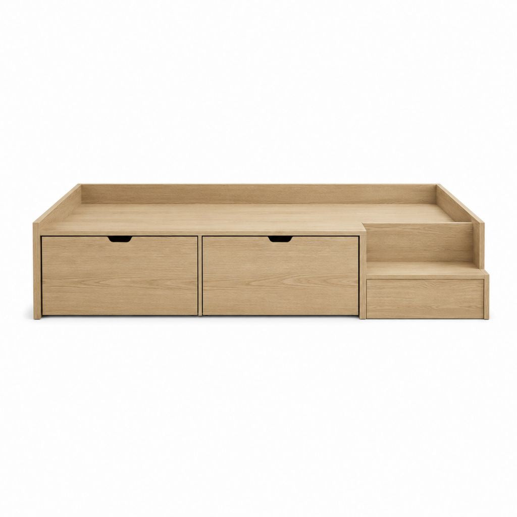 Lit simple avec escalier et rangements chêne clair en panneaux de particules 90 x 190 cm