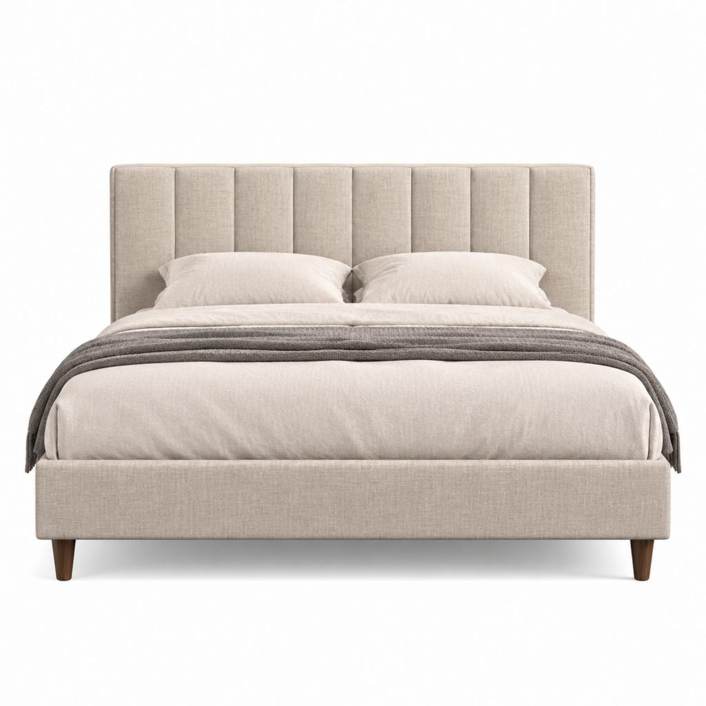 Lit double 160 x 200 cm beige en polyester avec tête de lit capitonnée