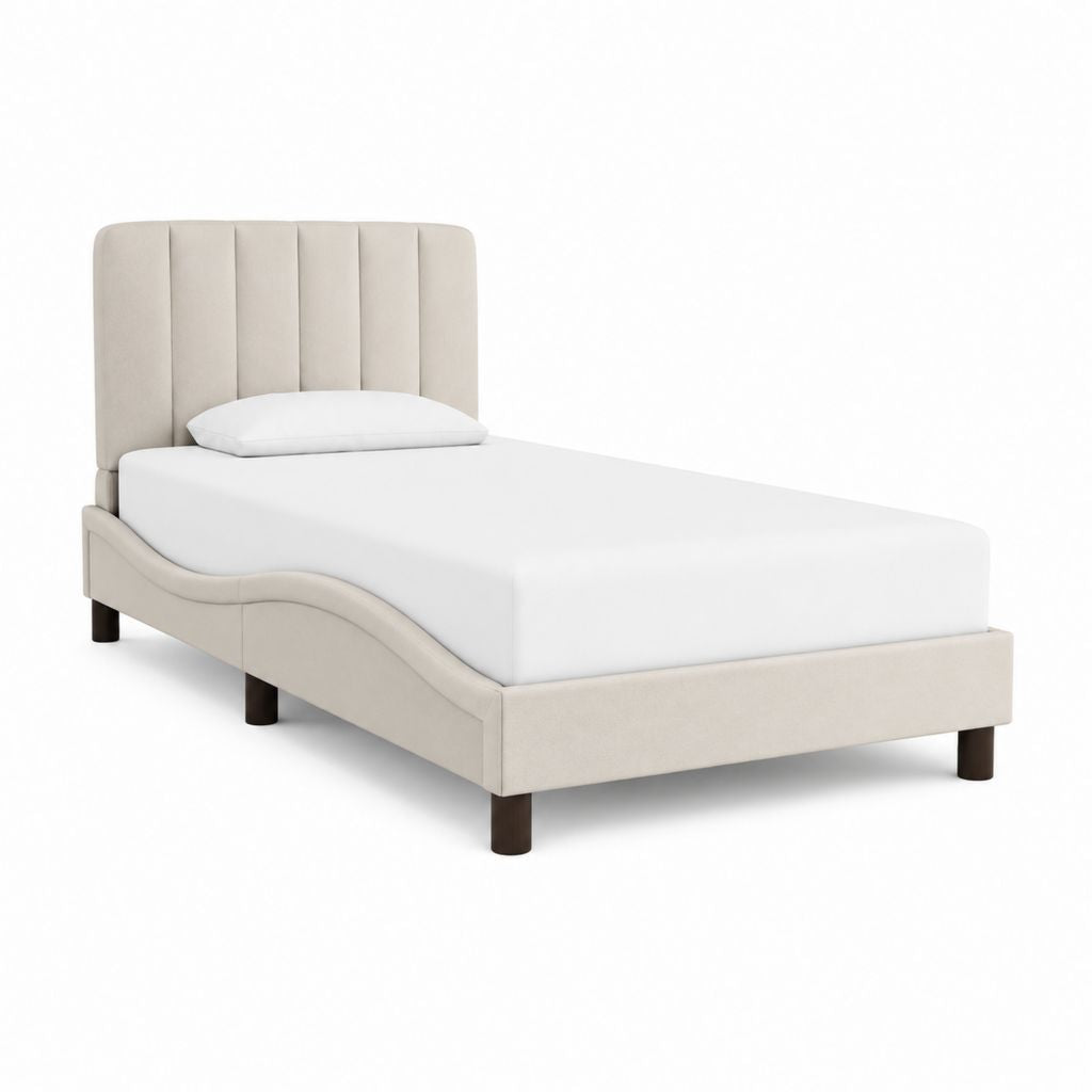 Lit simple capitonné beige en polyester 90 x 190 cm avec tête de lit et cadre incurvé