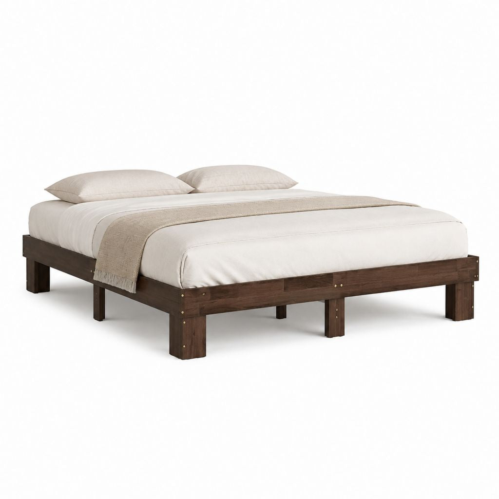 Cadre de lit double en bois massif noyer foncé 160 x 200 cm