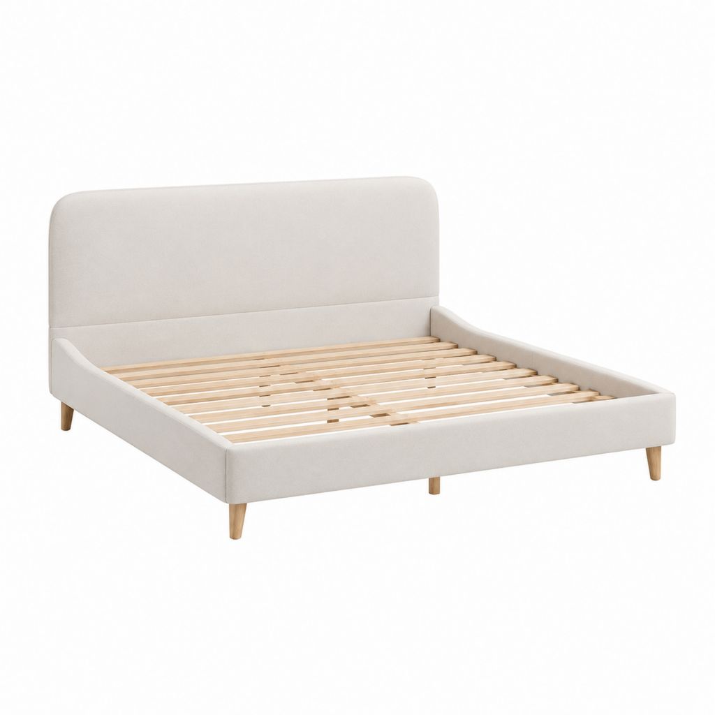 Cadre de lit double 160 x 200 cm beige en polyester avec sommier à lattes et tête de lit arrondie