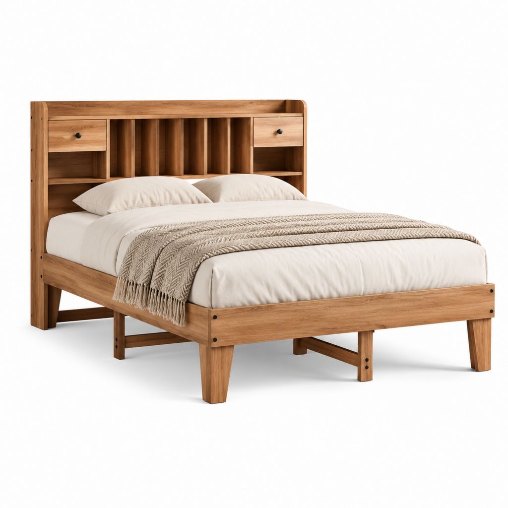 Lit double 160 x 200 cm en bois massif marron avec tête de lit à rangements